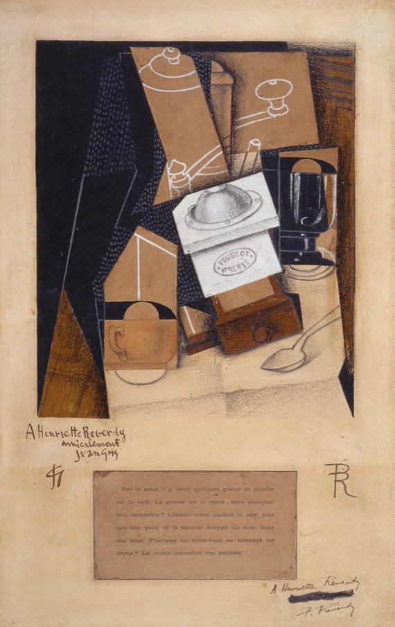 Kaffeemühle, Tasse und Glas auf einem Tisch von Juan Gris