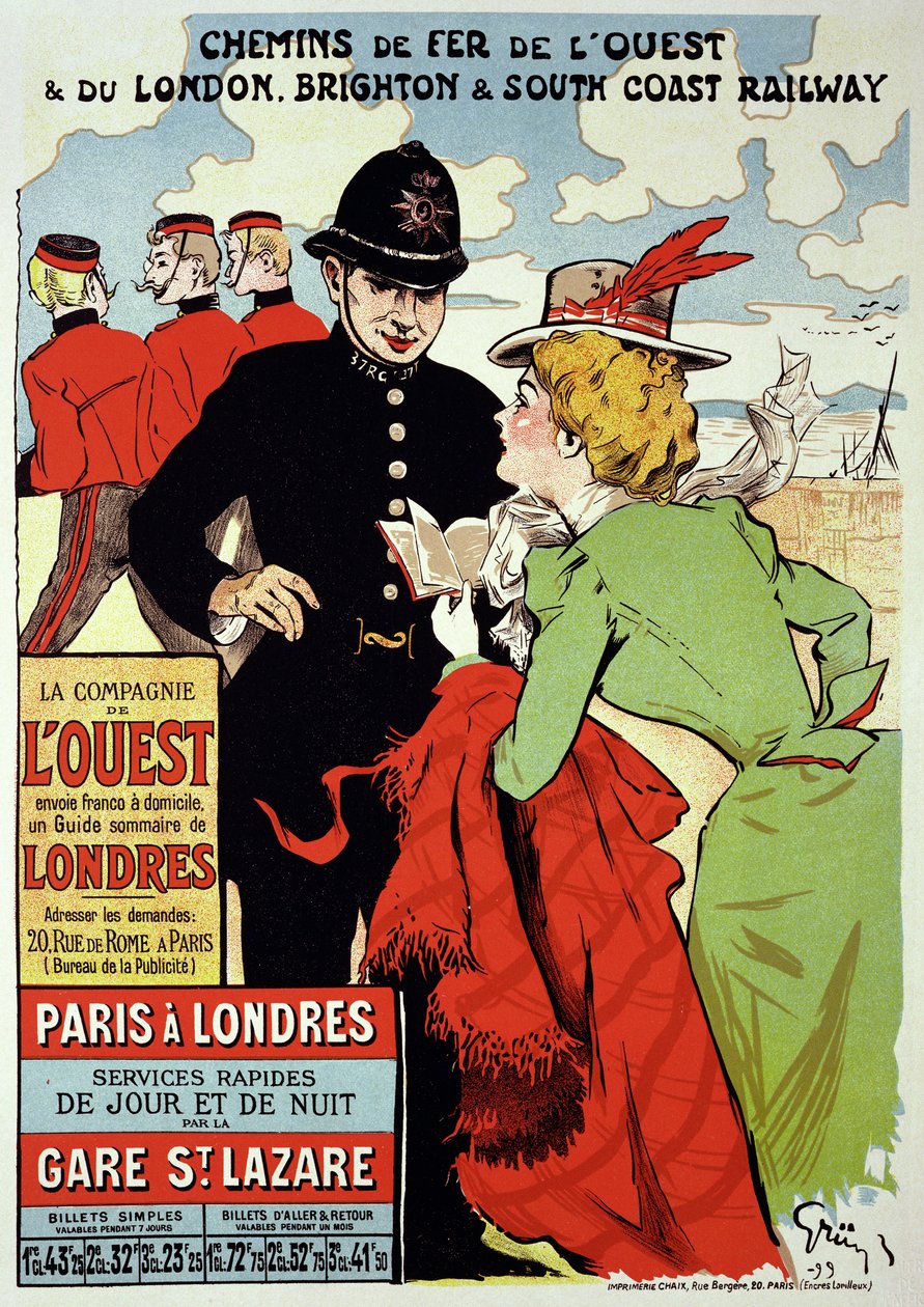 Reproduktion eines Posters, das Züge von Paris nach London bewirbt, 1899 von Jules Alexandre Gruen or Grun