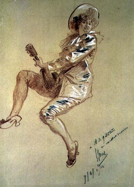 Sitzende Pierrette, die Mandoline spielt von Jules Cheret