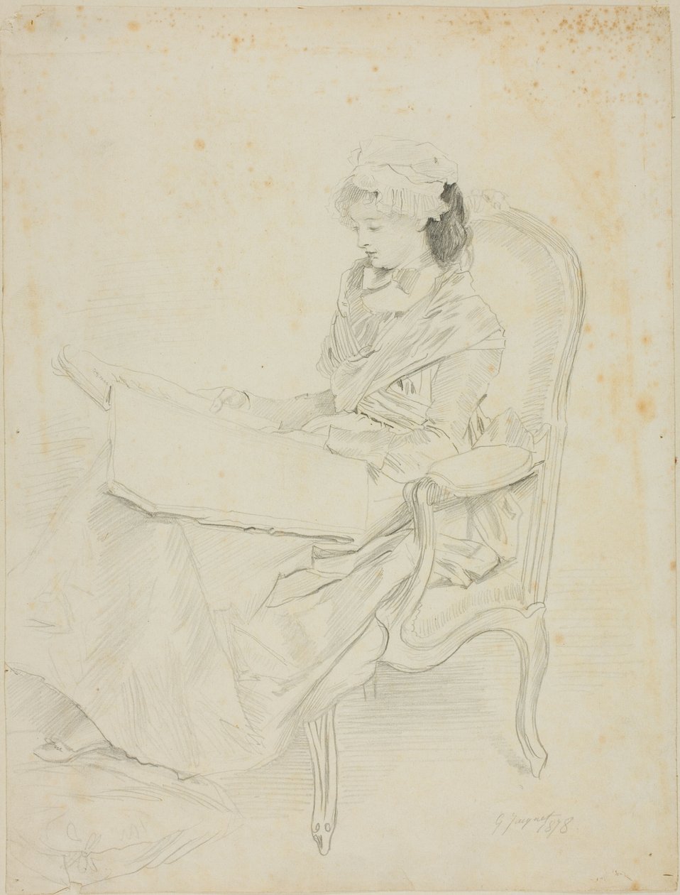 Sitzende junge Frau beim Lesen von Jules Jacquet