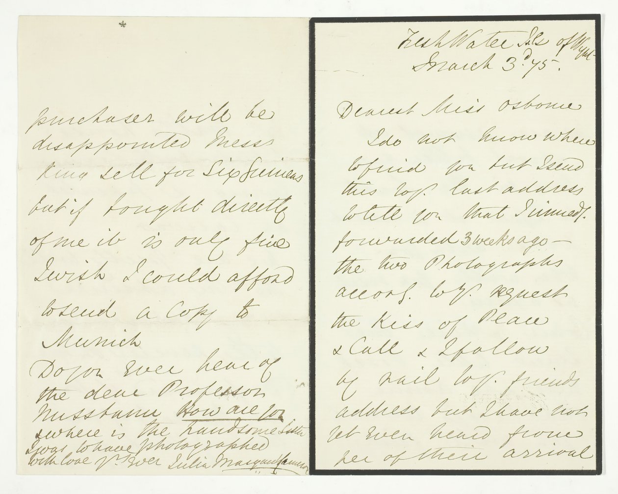 Autographenbrief, 3. März 1875 von Julia Margaret Cameron