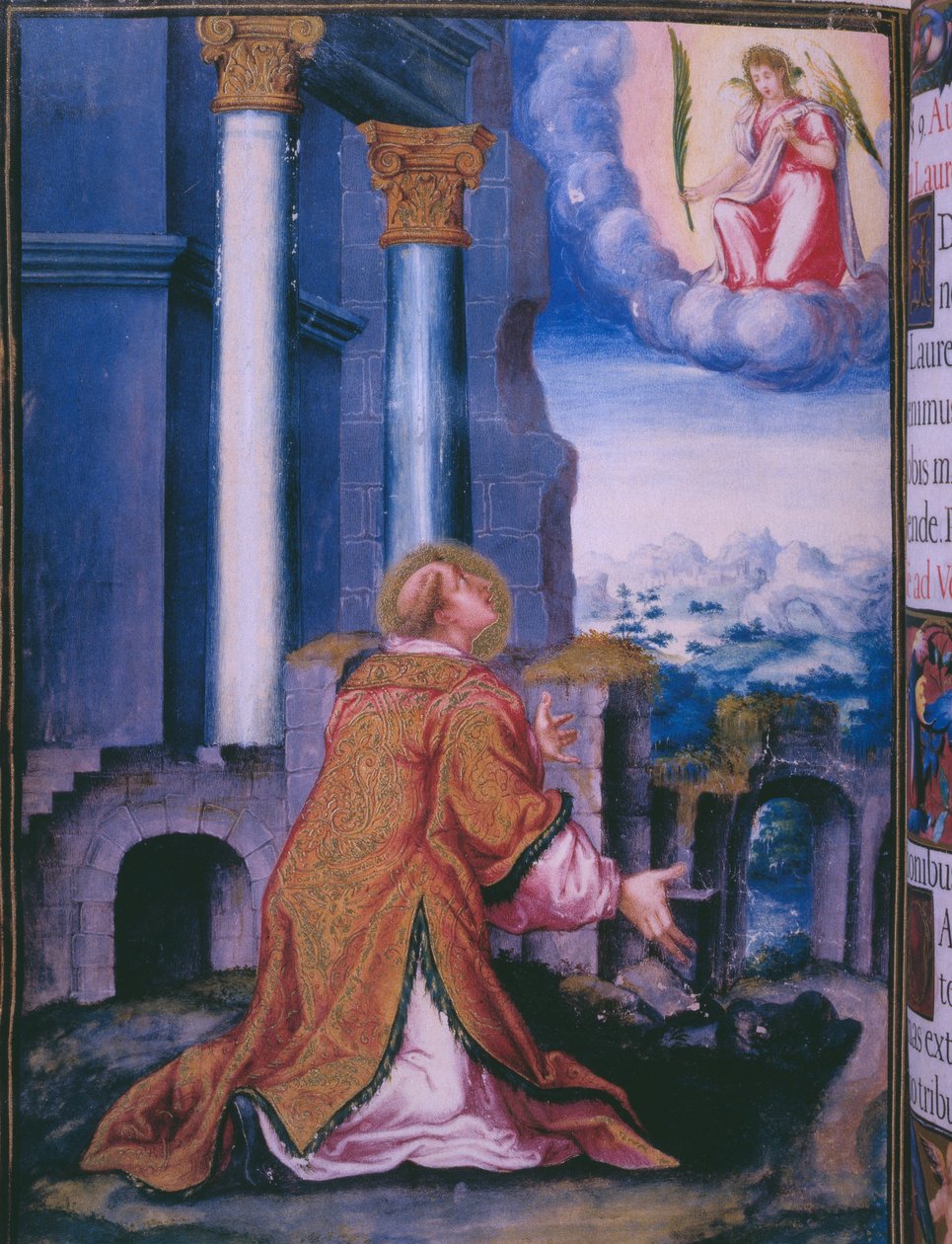 St. Laurentius, dem das Kloster Escorial gewidmet war, aus einer Faksimile des Breviers von König Philipp II. von Spanien, 1569 von Julian and Leon, Andres de Fuente del Saz
