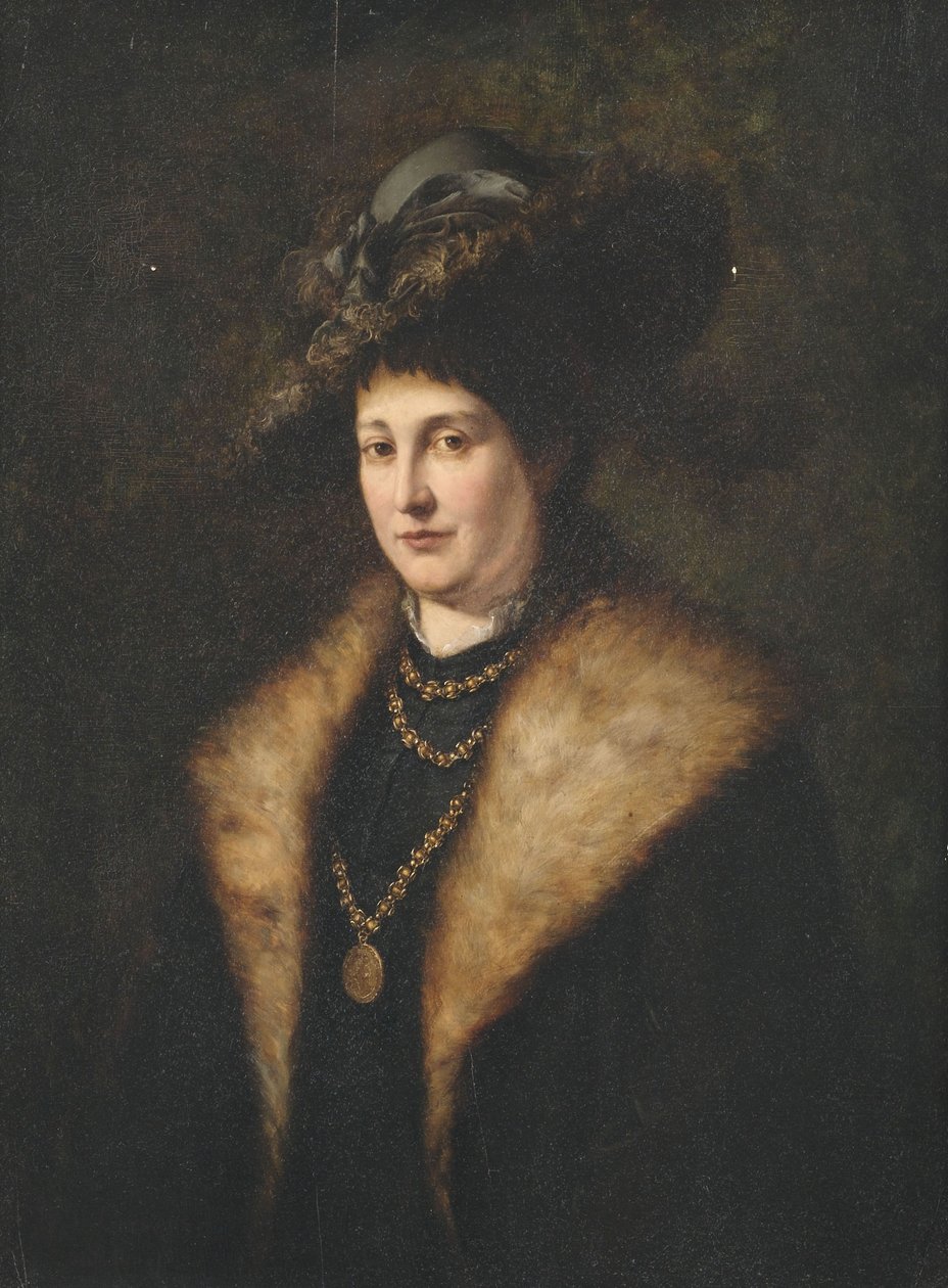 Bildnis einer Dame in dunklem Kleid mit pelzbesetztem Mantel und Hut von Julius Victor Carstens