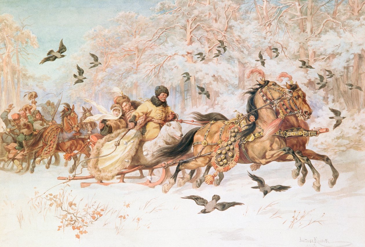 Olenka und Kmicic bei Kulig, ca. 1887 von Juliusz Fortunat Kossak