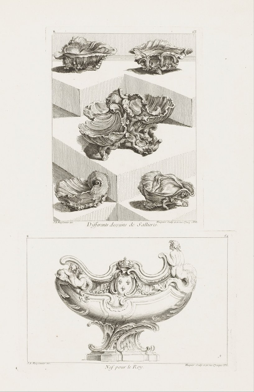 Verschiedene Entwürfe für Salzgefäße, pl. 63 in Oeuvre de Juste-Aurèle von Juste Aurèle Meissonnier