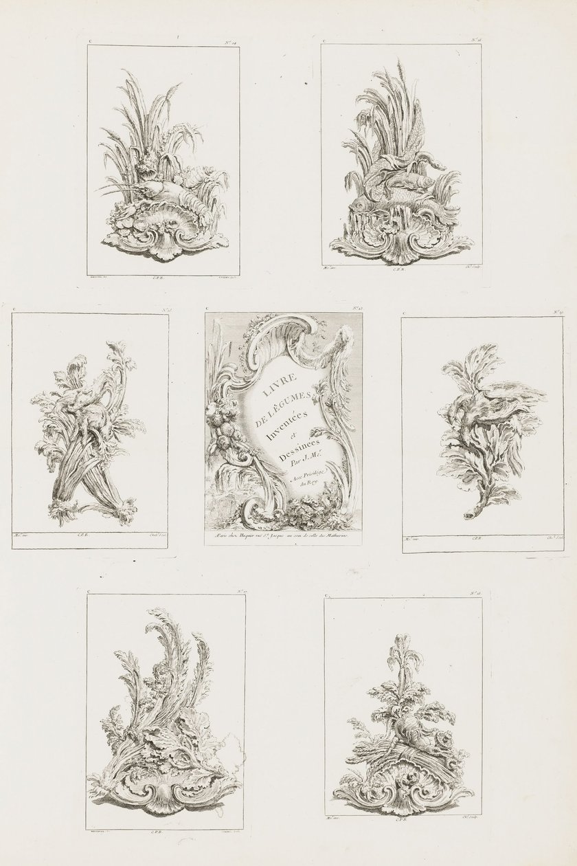 Ornamentdesign mit Krebs-Motiv, pl. 14 in Livre des Légumes (Serie von Gemüseornamenten) von Juste Aurèle Meissonnier