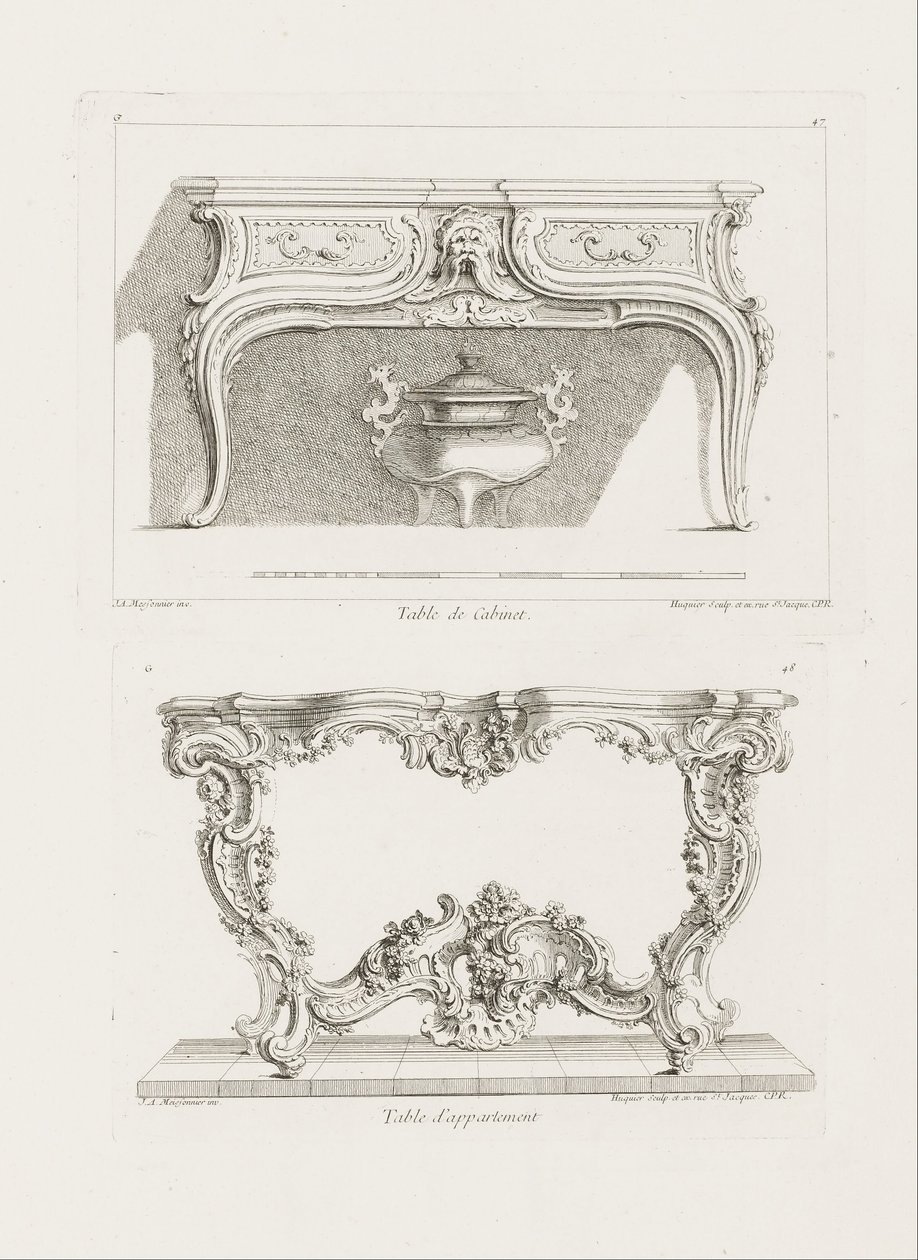 Tisch des Kabinetts, 6. Platte (Studie für einen Tisch), pl. 47 in Oeuvre de Juste-Aurèle Meissonnier von Juste Aurèle Meissonnier