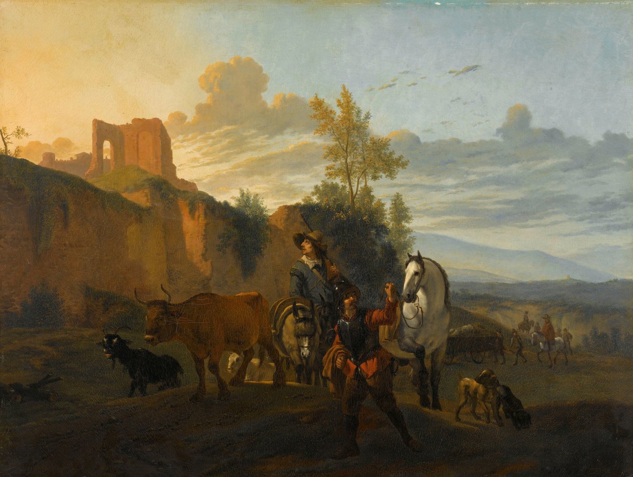 Italienische Landschaft mit Soldaten von Karel du Jardin (copy after)