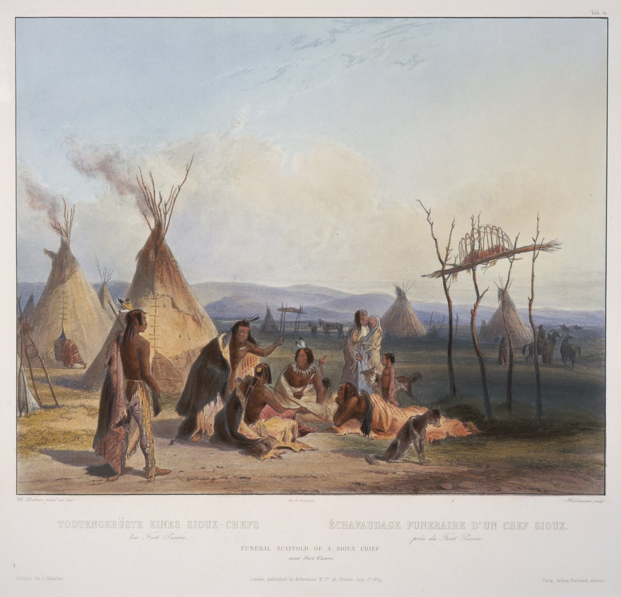 Begräbnissgerüst eines Sioux-Häuptlings in der Nähe von Fort Pierre, graviert von J. Hurliman, veröffentlicht 1839 von Karl Bodmer