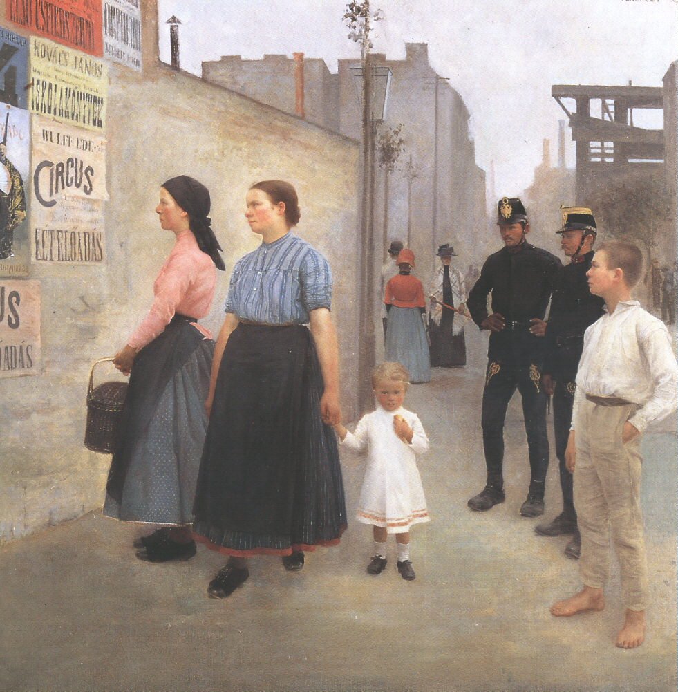 Vor den Plakaten von Károly Ferenczy