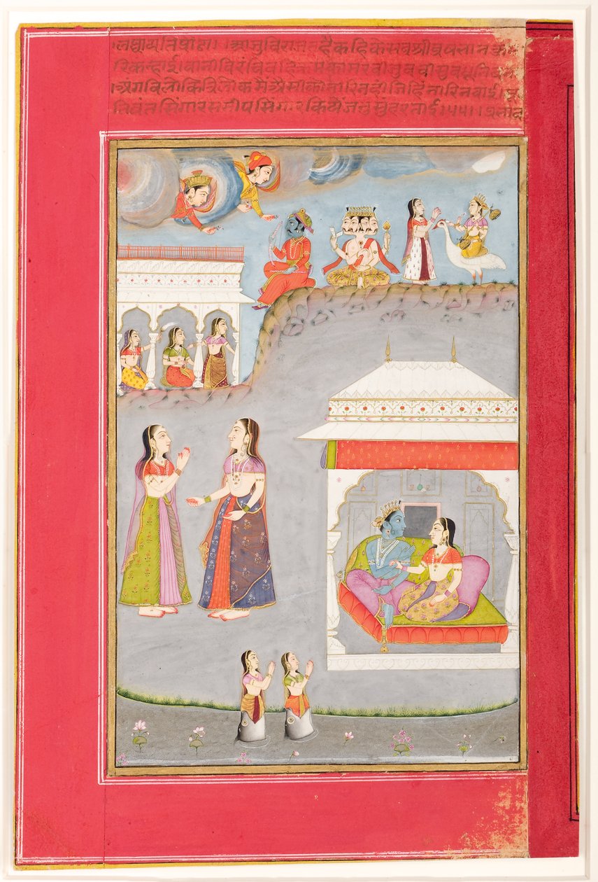 Labdhapraudha Nayika: Liebende in einem Pavillon, Kama, Brahma und Sarasvati oben, 1750 von Kassam