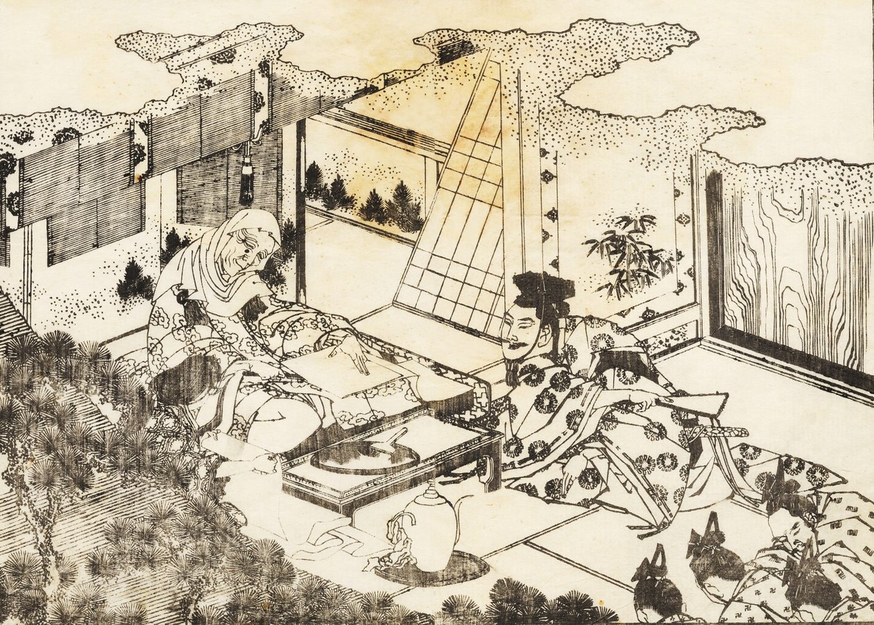 Eine alte Frau, vielleicht eine buddhistische Nonne, sitzt und eine junge Frau liest ihr etwas vor von Katsushika Hokusai