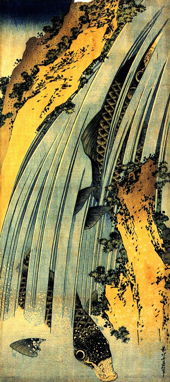 Zwei Karpfen in einem Wasserfall von Katsushika Hokusai