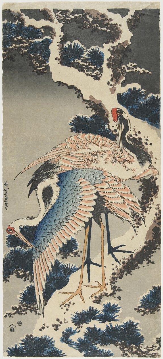 Kraniche auf Kiefer, ca. 1834 von Katsushika Hokusai