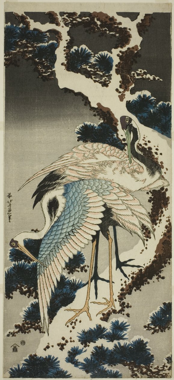 Kraniche auf schneebedeckter Kiefer von Katsushika Hokusai