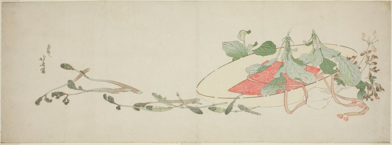 Blumen und Frühlingsgemüse in einem Hut von Katsushika Hokusai