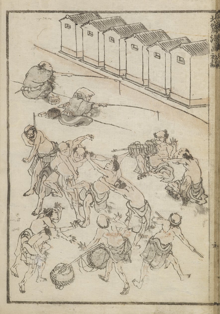Männer beim Ringen und Fischen von Katsushika Hokusai