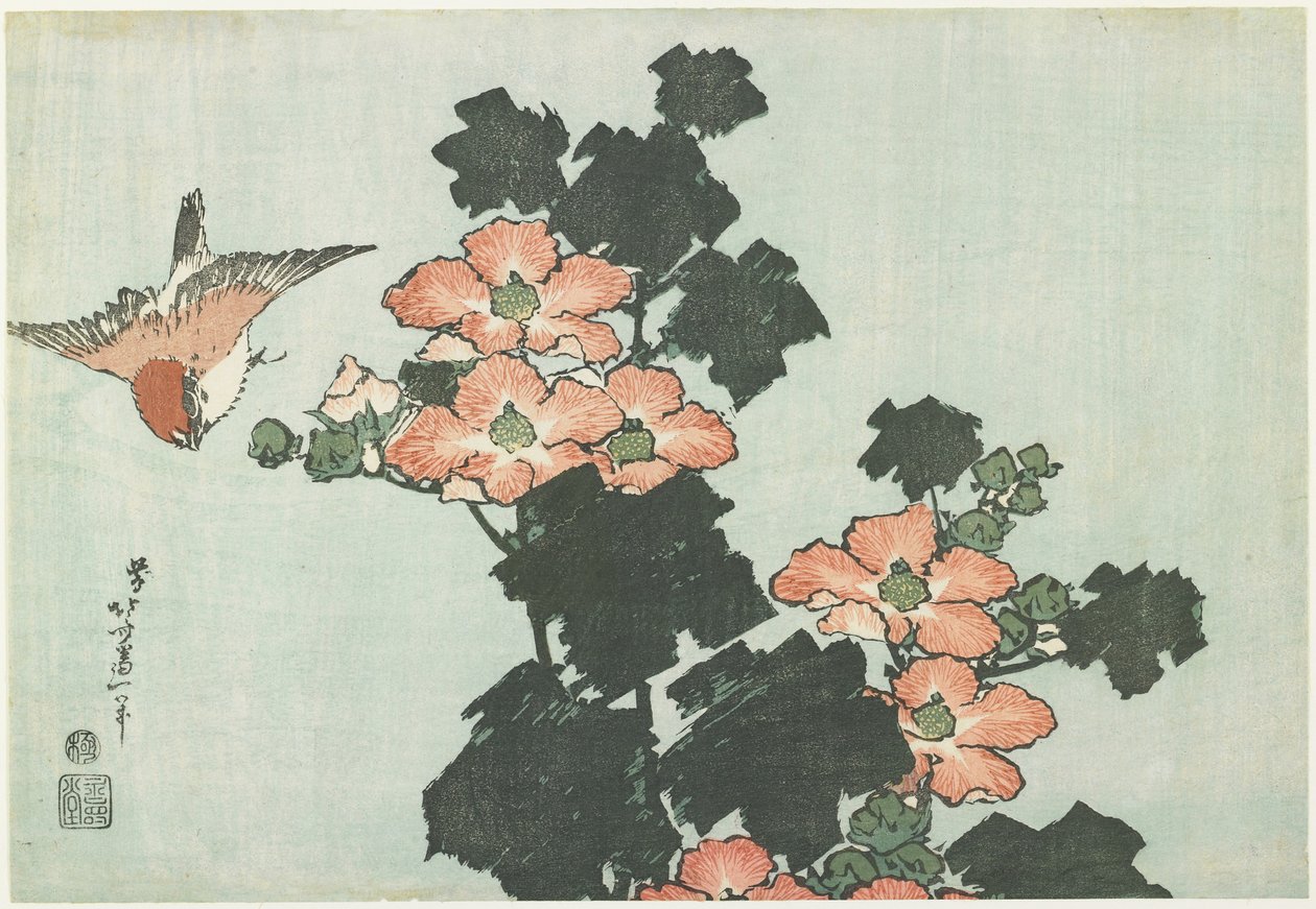 Rosenmalve und Spatz, ca. 1832 von Katsushika Hokusai