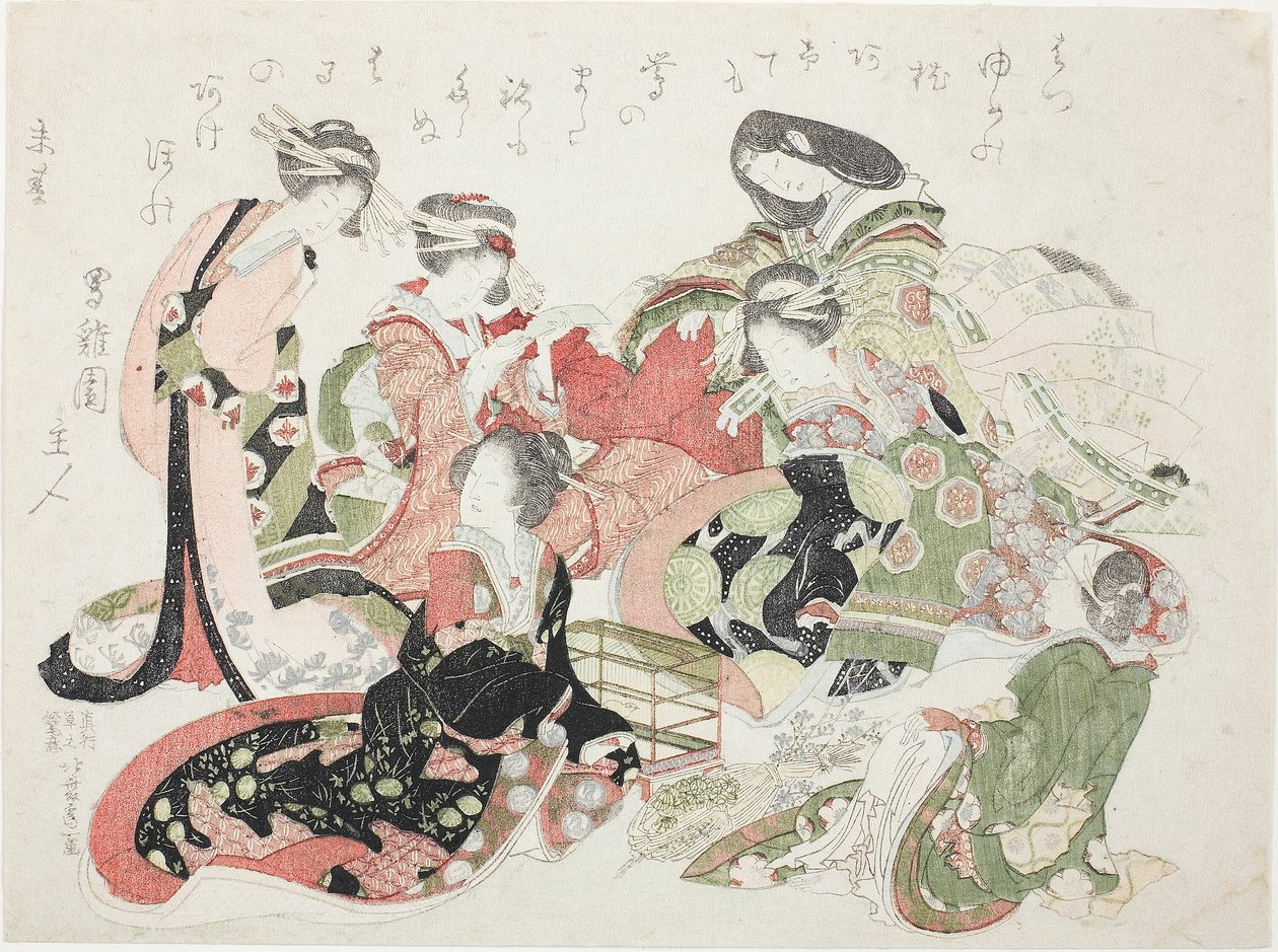 Sechs Frauen sitzen um einen Vogelkäfig von Katsushika Hokusai