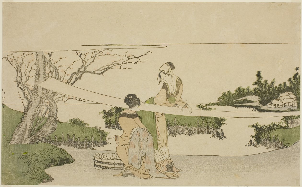 Zwei Frauen spannen Stoff von Katsushika Hokusai