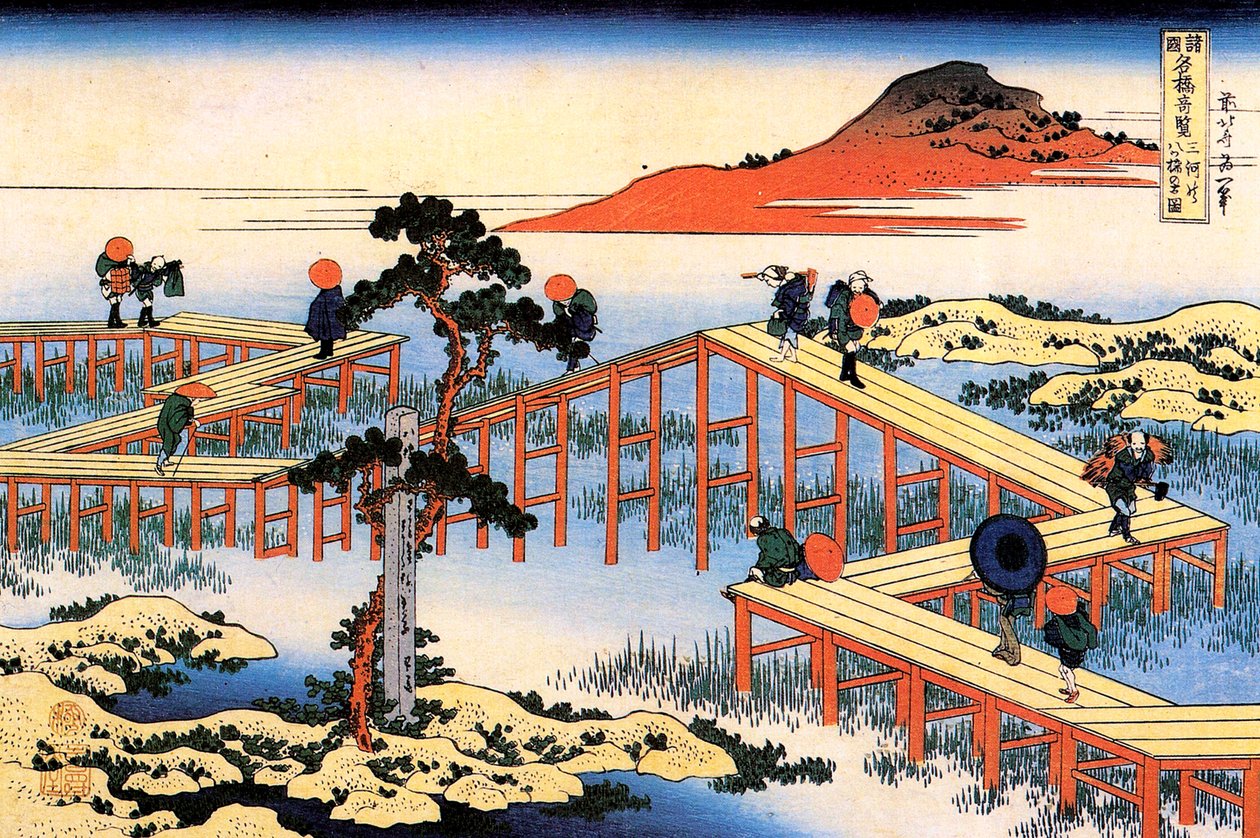 Yatsuhashi in der Provinz Mikawa, ca. 1835 von Katsushika Hokusai