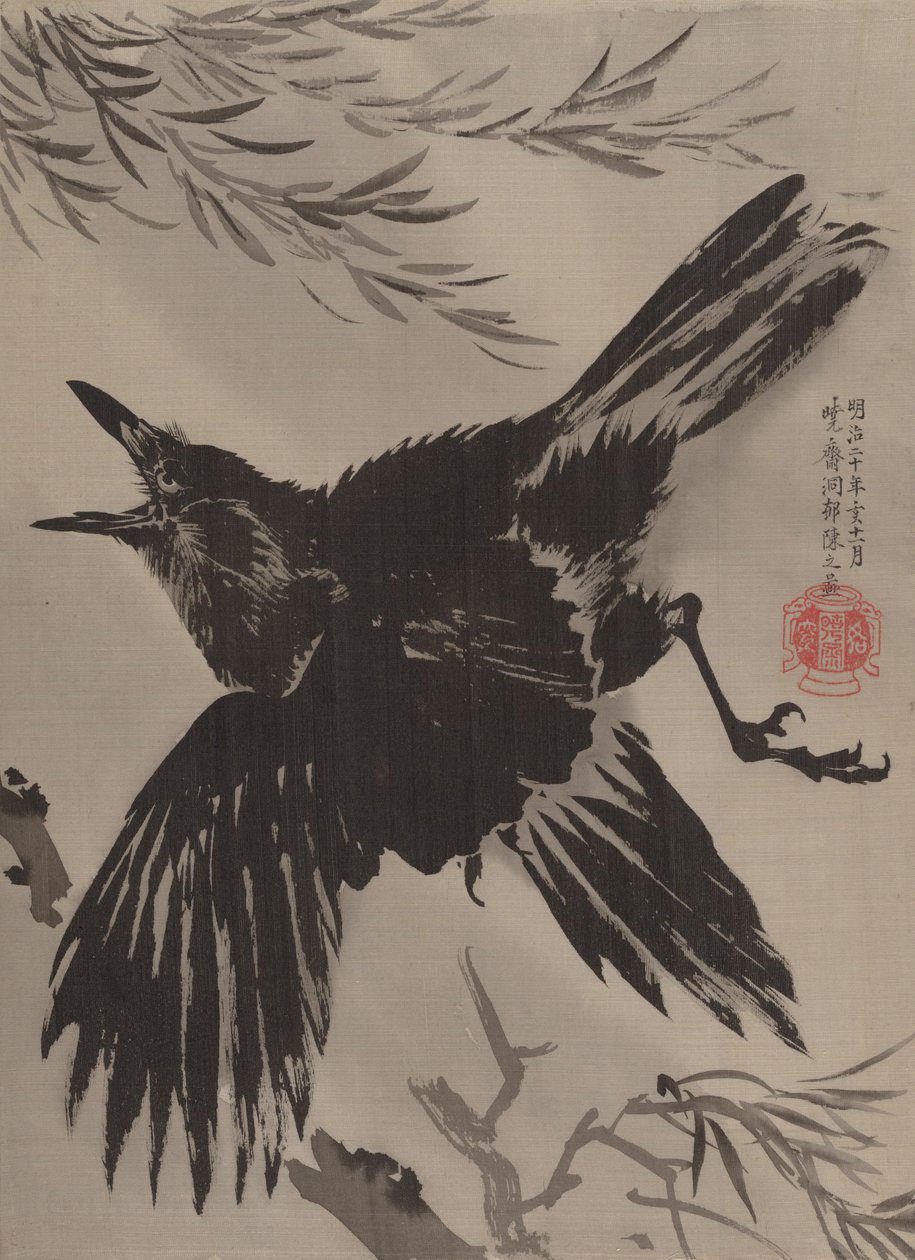 Krähe und Weidenbaum, November 1887 von Kawanabe Kyosai