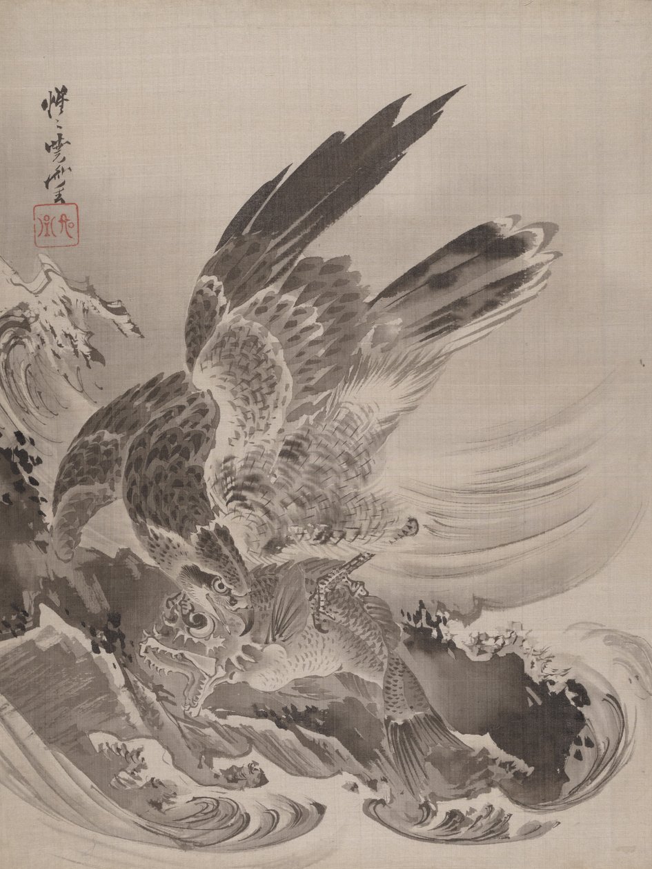 Adler greift Fisch an von Kawanabe Kyosai