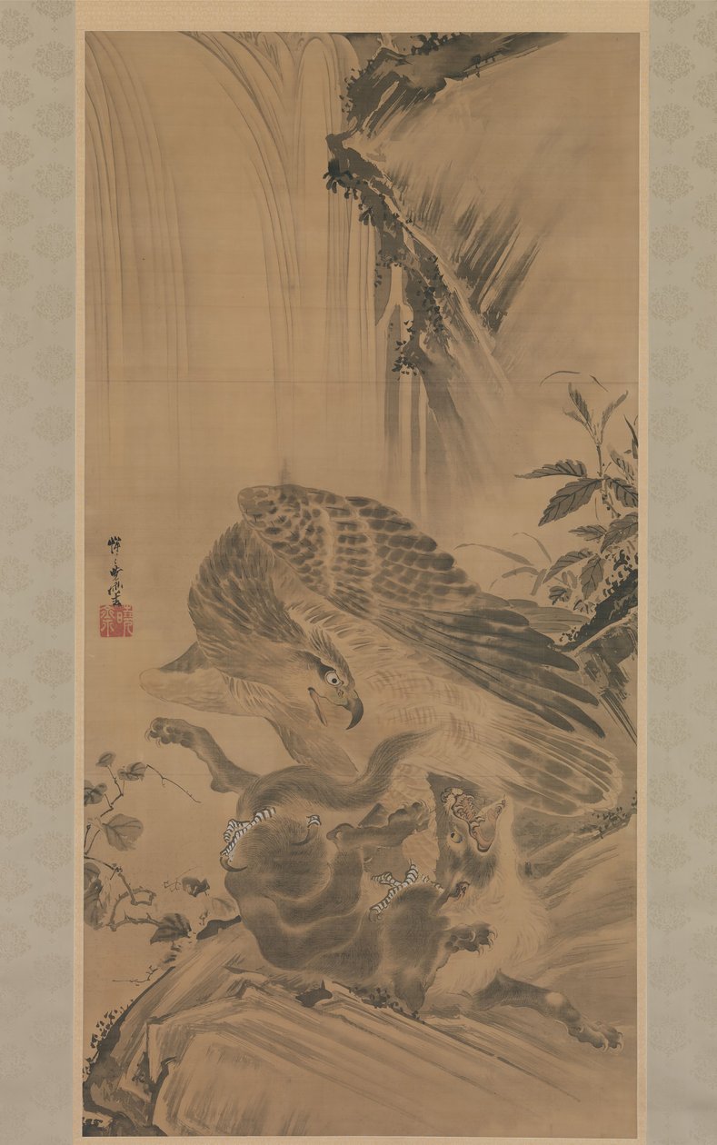 Adler greift einen Berglöwen an, 1885 von Kawanabe Kyosai
