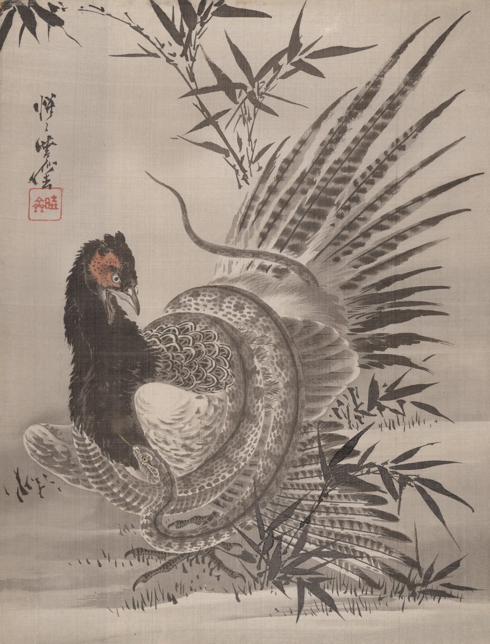 Fasan von einer Schlange gefangen, ca. 1887 von Kawanabe Kyosai