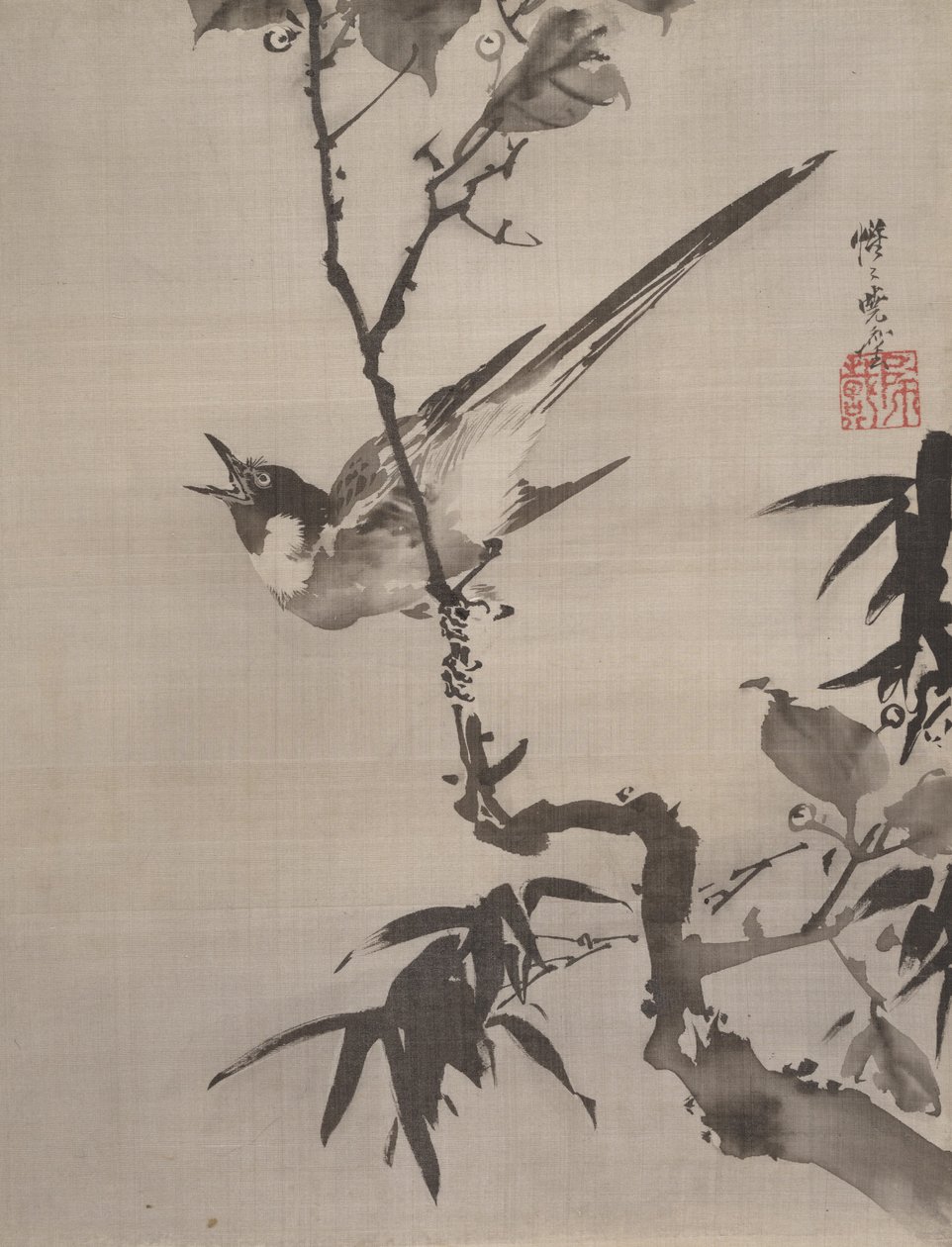 Singender Vogel auf einem Ast (ca. 1887) von Kawanabe Kyosai