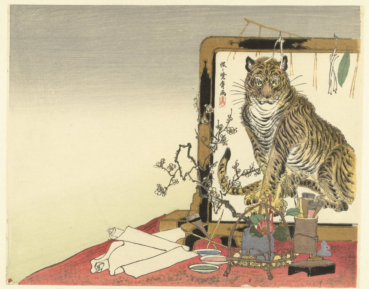 Stillleben mit Malutensilien und Paravent von Kawanabe Kyosai