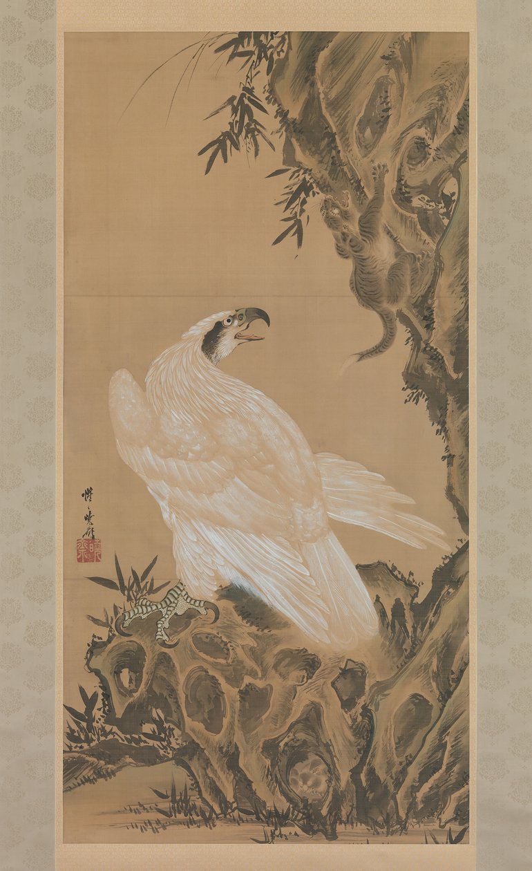 Weißer Adler beobachtet einen Berglöwen, 1885 von Kawanabe Kyosai