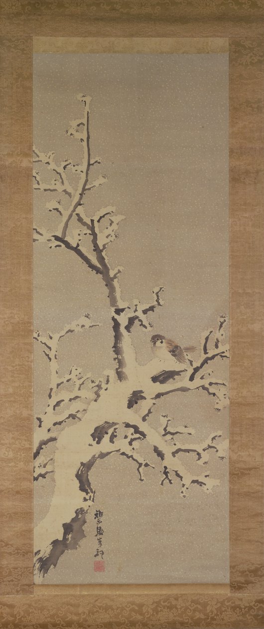 Spatz auf einem Baum im Schneesturm, ca. 1800 von Kishi Ganku