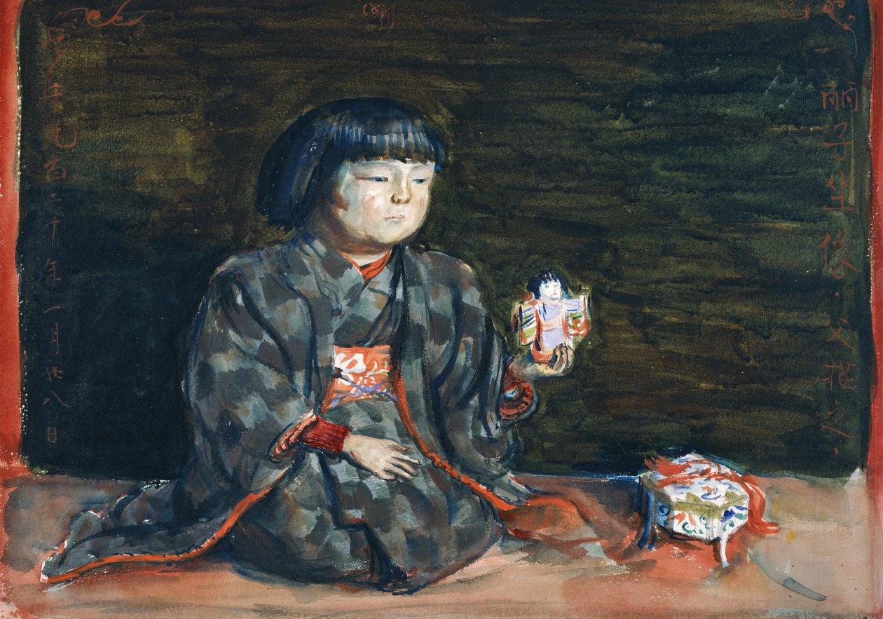 Sitzendes Porträt von Reiko mit einer Puppe von Kishida Ryusei