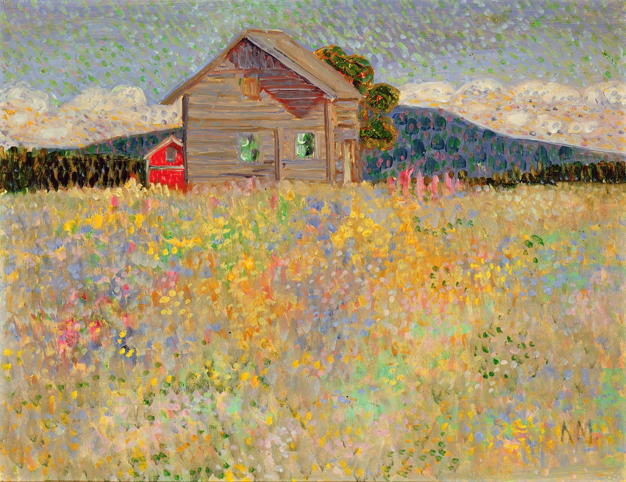 Kleines Holzhaus auf einer blühenden Wiese, ca. 1909 von Konrad Magi