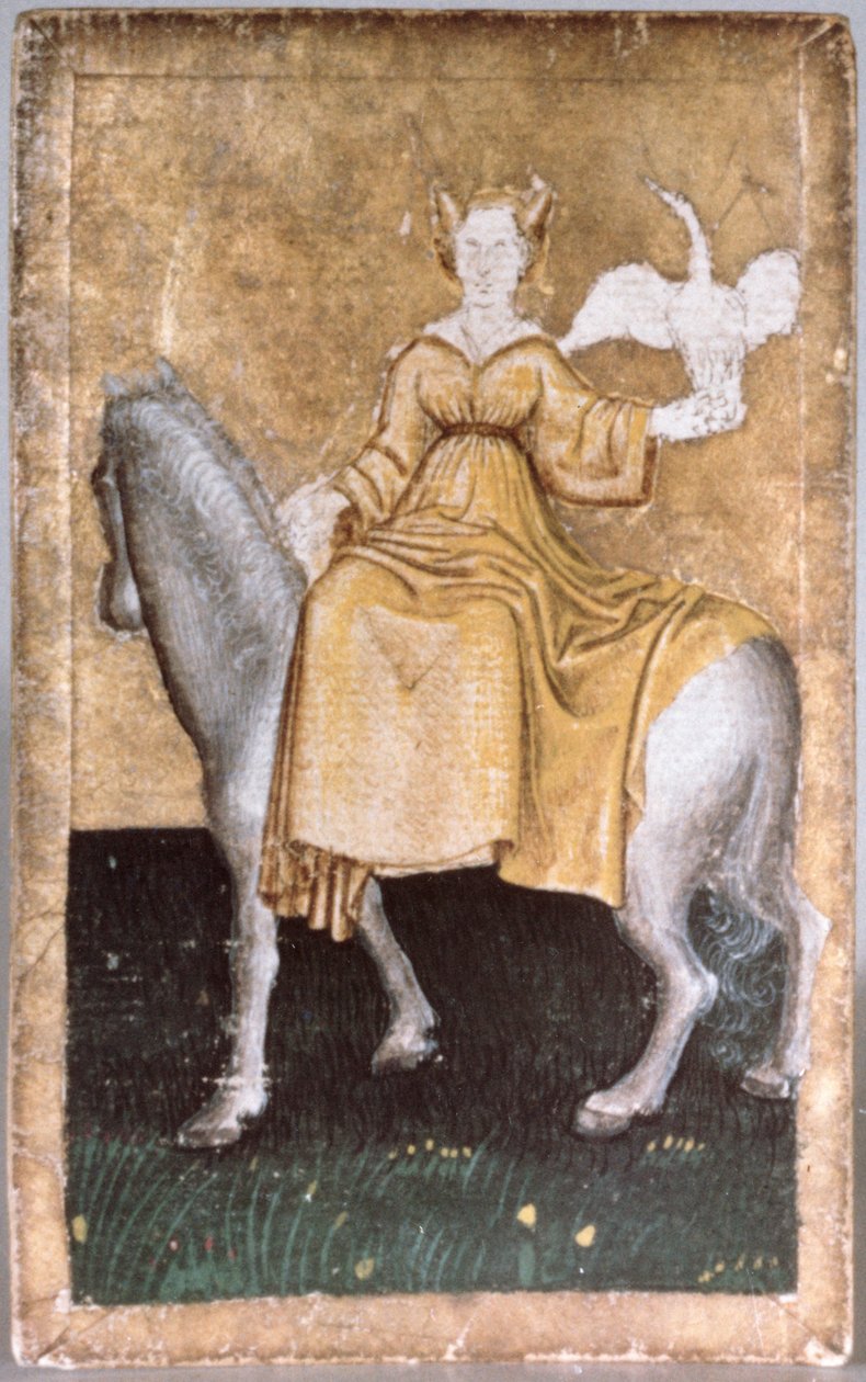 Eine berittene Dame, die einen Reiher in einer Hand hält, eine von einem Satz Spielkarten, die Szenen des höfischen Falknerns darstellen, Oberrhein-Gebiet, ca. 1440-45 von Konrad Witz