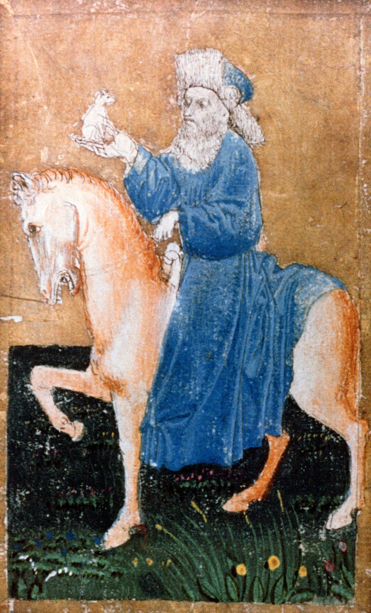 Ein berittener Mann, der einen kleinen Hund hält, eine von einem Satz Spielkarten, die Szenen des höfischen Falknens darstellen, Oberrhein-Gebiet, ca. 1440-45 (siehe auch 87698, 88300-01 und 88303-04) von Konrad Witz