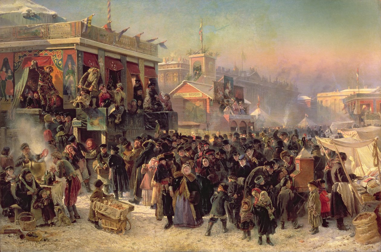 Jahrmarktstände auf dem Admiralitätsplatz, St. Petersburg, 1869 von Konstantin Egorovich Makovsky