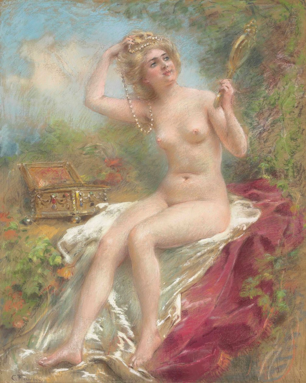Sitzender Akt, der in einen Spiegel schaut von Konstantin Makovsky