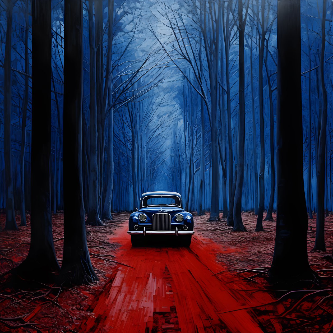 Blaues Auto in einem roten Wald von Kurt Heppke