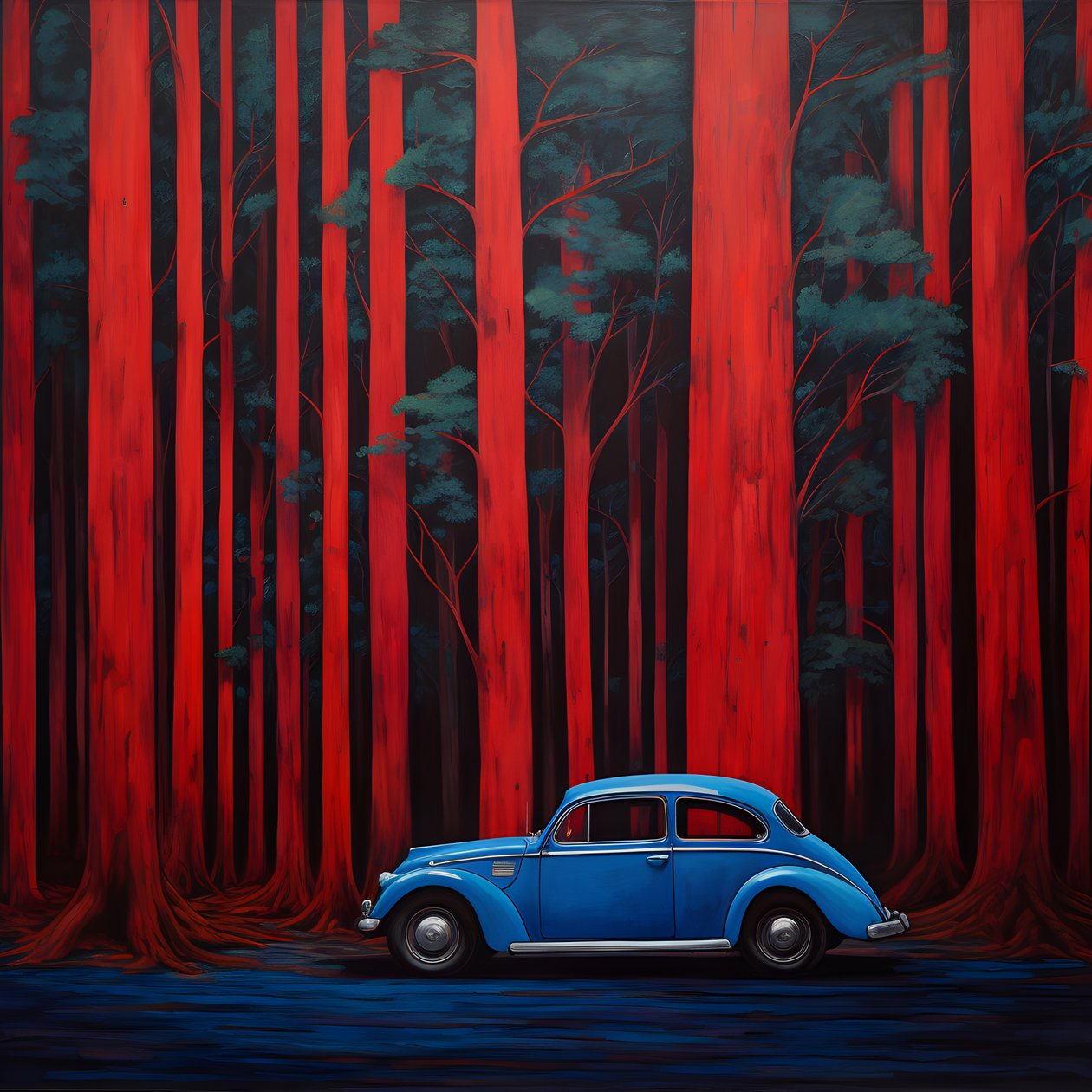 Blaues Auto in einem roten Wald von Kurt Heppke