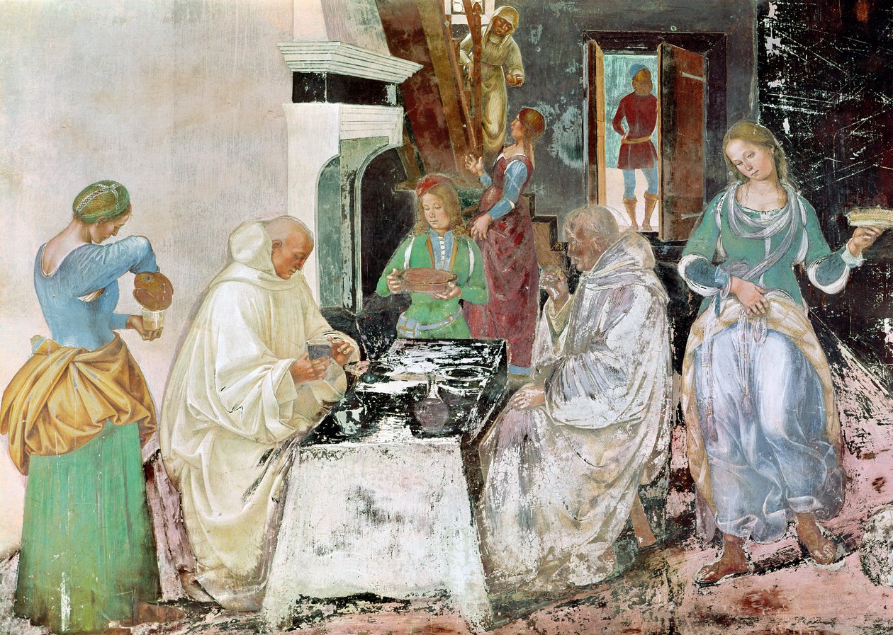 St. Benedikt empfängt Gastfreundschaft, aus dem Leben des St. Benedikt, 1497-98 von L. and Sodoma, G. Signorelli