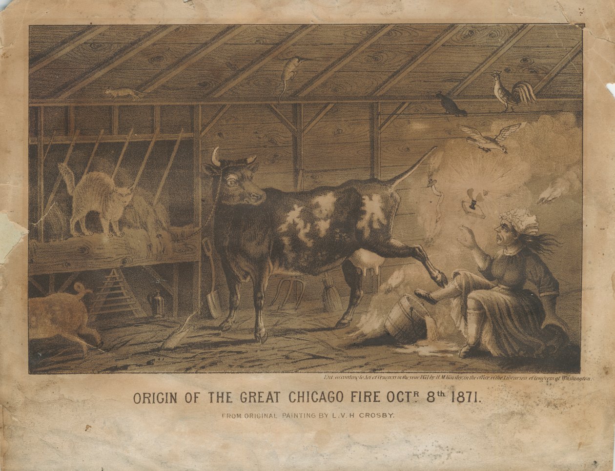 Ursprung des großen Chicago-Feuers am 8. Oktober 1871, um 1872 von L. V. H. after Crosby