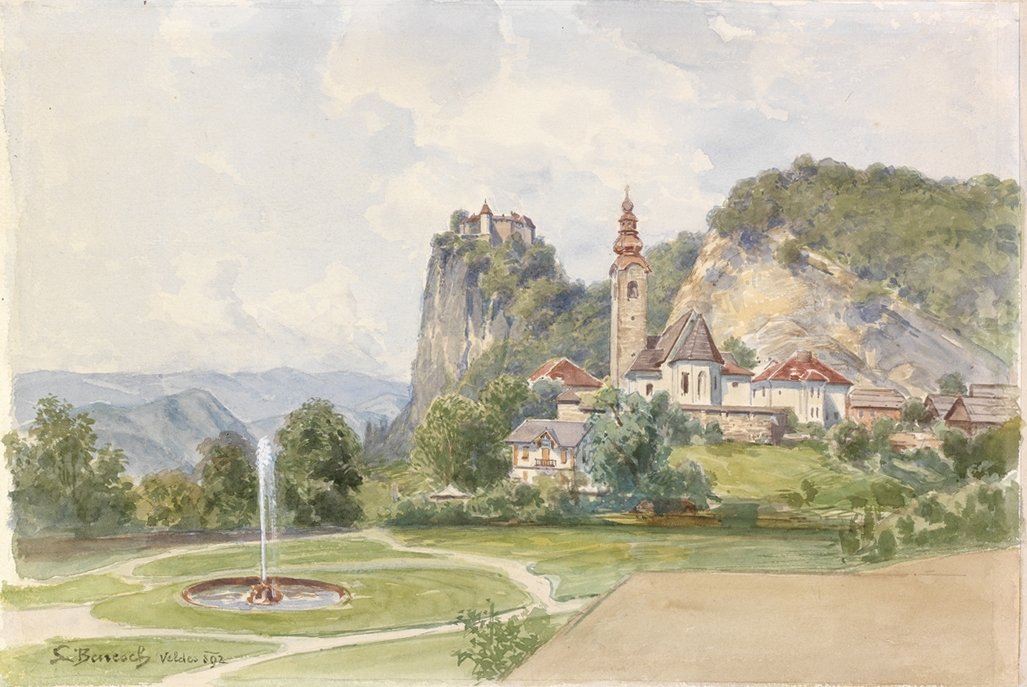 Bled - Pfarrkirche mit Schloss im Hintergrund von Ladislav Benesch