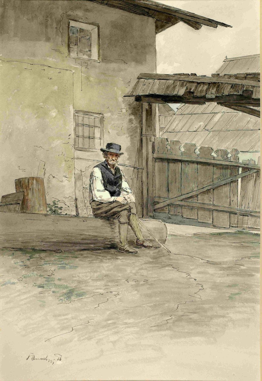 Alter Mann, der auf einem Baumstamm im Hof sitzt von Ladislav Benesch