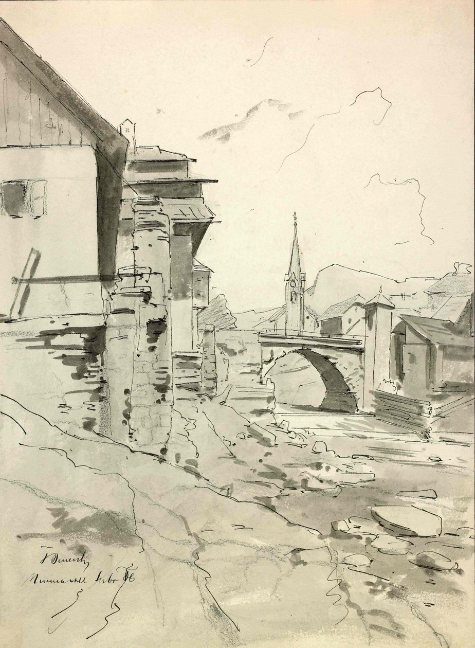 Tržič, Motiv mit Brücke und Kirche im Hintergrund von Ladislav Benesch