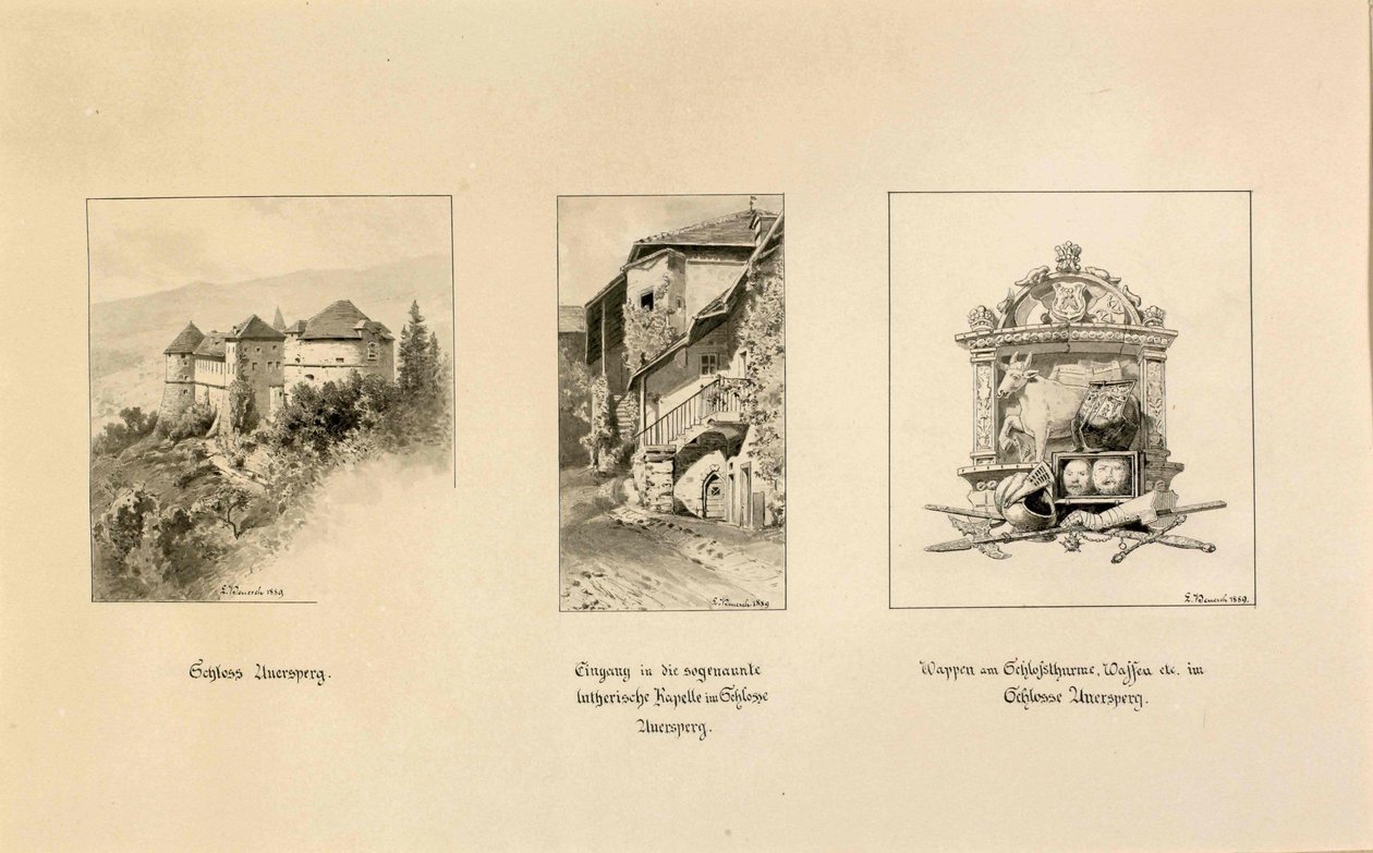 Turjak: Blick auf die Burg Turjak; Eingang zur lutherischen Kapelle; Wappen von Turjak von Ladislav Benesch