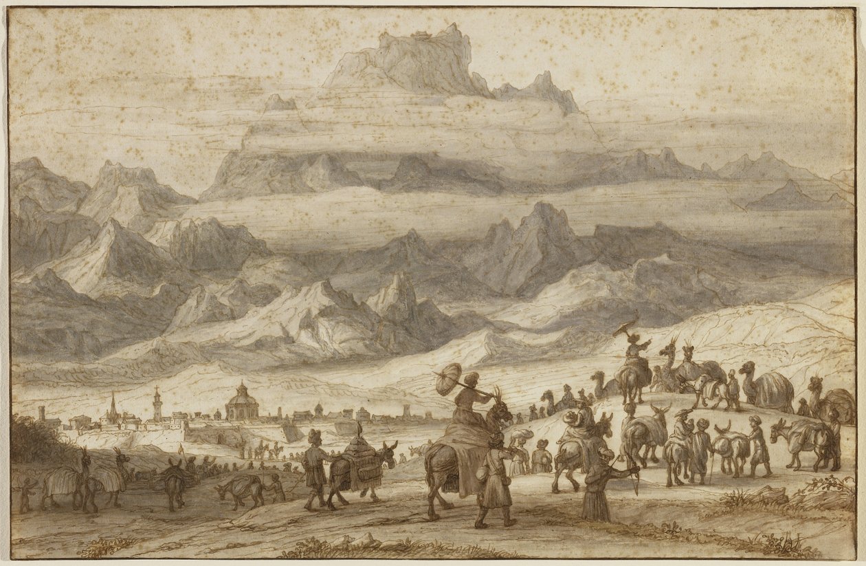 Noahs Arche auf dem Berg Ararat, ein Kamelzug vor der Stadt Jerewan im Vordergrund, ca. 1690 von Lambert Doomer