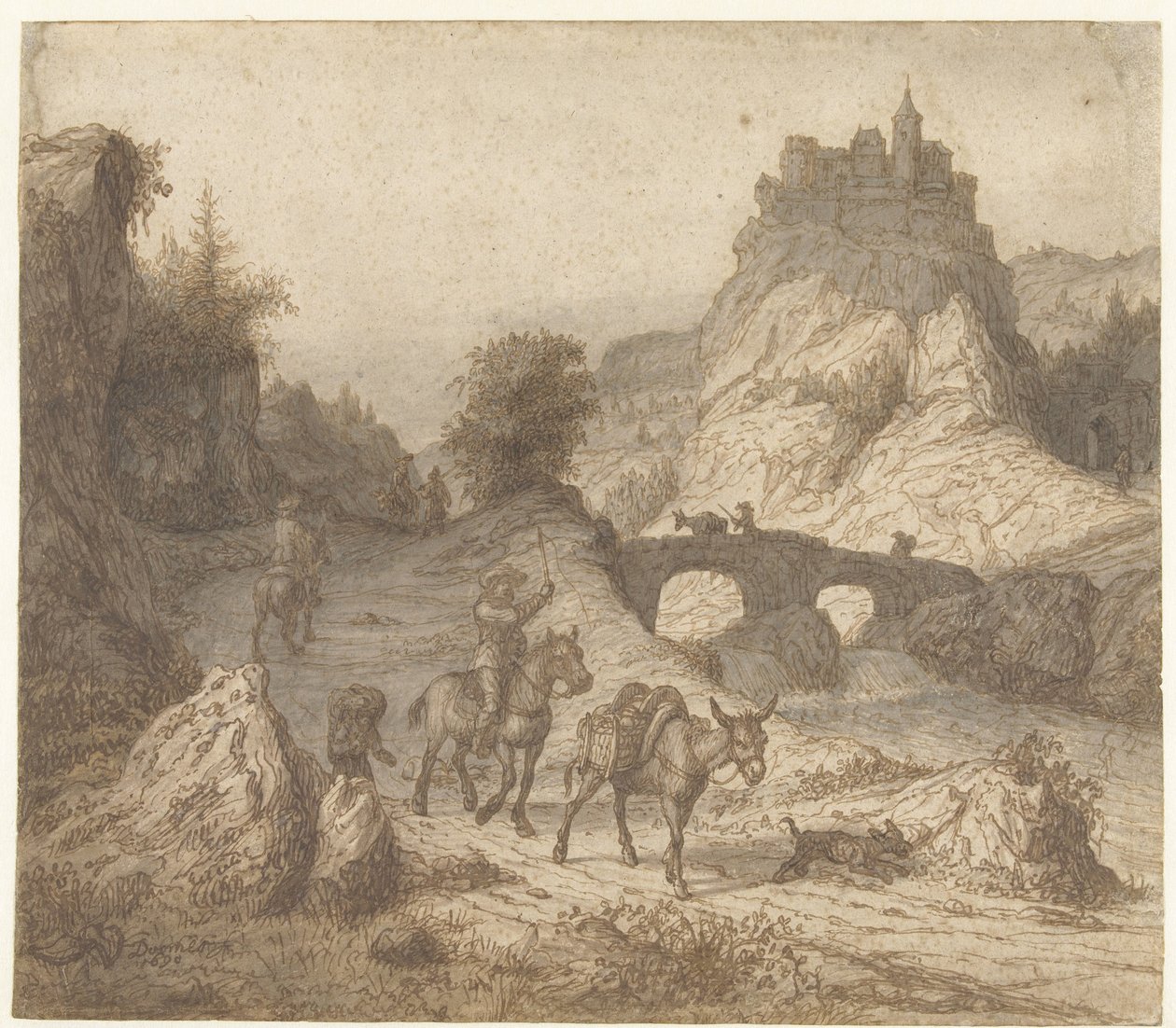 Berglandschaft mit Schloss und Figuren von Lambert Doomer