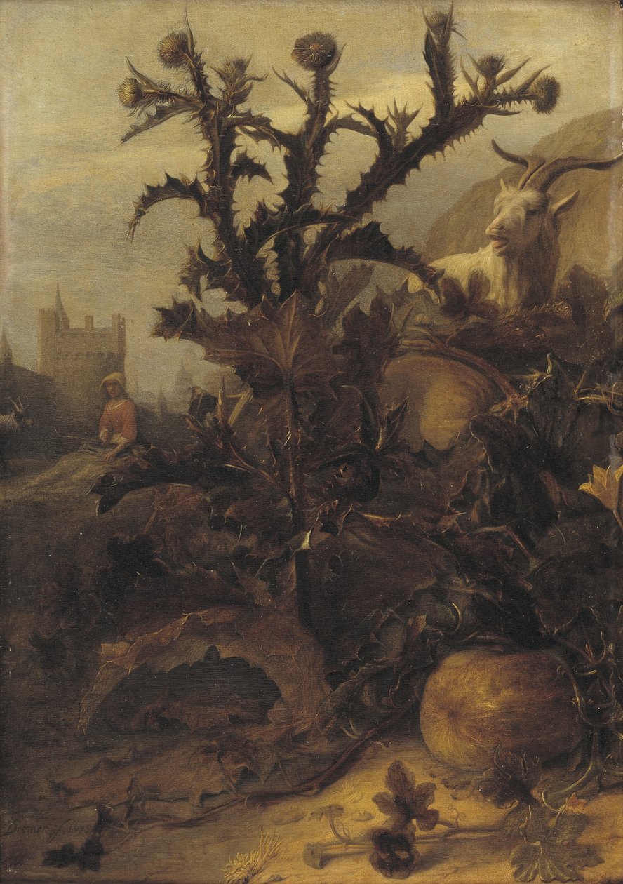 Distel, Kürbis und eine Ziege von Lambert Doomer